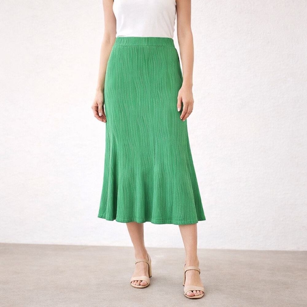 Green Textured Midi Skirt Pull On Stretch Flared Hem Sz M